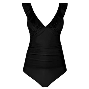 Hilor Women's Ruffled Tankini Swimsuits Shirred Tummy Control Swimwear V Neck Two Piece Bathing Suits Black 12