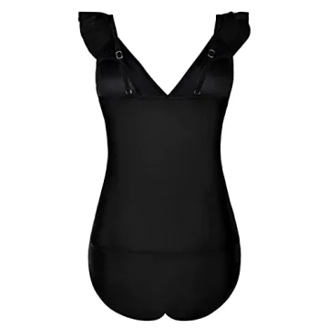 Hilor Women's Ruffled Tankini Swimsuits Shirred Tummy Control Swimwear V Neck Two Piece Bathing Suits Black 12