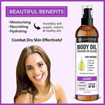 pureSCRUBS Ultra Moisturizing Lavender Body Oil Spray for Dry Skin, Massage, Cuticles & More, Organic Blend of Jojoba, Argan, Coconut, Sweet Almond & Avocado Oils Enriched with Vitamin E, Lg 4oz