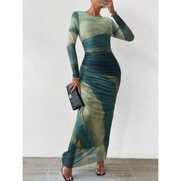 MARZXIN Womens Long Sleeve Maxi Dress Bodycon Ruched Natural Slim Fit Tie Dye Dress Cocktail Dresses Mesh Dress color156 S