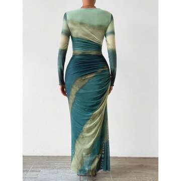 MARZXIN Womens Long Sleeve Maxi Dress Bodycon Ruched Natural Slim Fit Tie Dye Dress Cocktail Dresses Mesh Dress color156 S