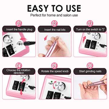 Subay Professional Finger Toe Nail Care Electric Nail Drill Machine Manicure Pedicure Kit Electric Nail Art File Drill with 1 Pack of Sanding Bands (Pink)