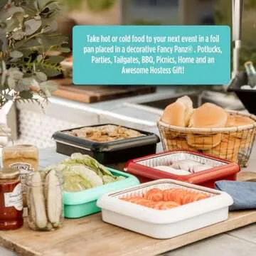 Fancy Panz, Serving Tray for Food, Made in the USA Foil Pan Carrier, Stackable Aluminum Pan Holders, 8x8 Travel Casserole Carrier With 1 Disposable Foil Pan & Serving Spoon, Aqua