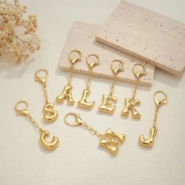 LILIE&WHITE Gold Keychain For Women With Letter Charm Gold Bag Charm Handbag Key Pendant Fashion Alphabet C Keychain Accessories Charms Jewelry Gift Bubble Initial Keychains