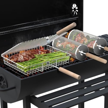 Ivtivfu Grill Baskets, Removable Wooden Handle, 304 Stainless Steel, Rolling Grilling Net, BBQ Acces...