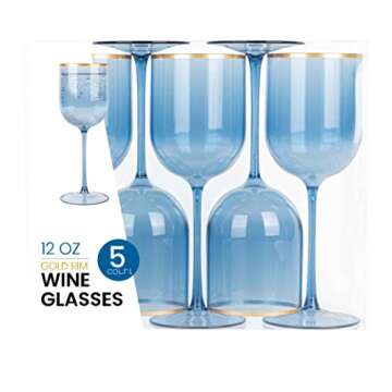 PLASTICPRO Blue Wine Cup with Gold rim Plastic Wine Glasses Set of 10 Elegant Wine Goblets Hard Plastic Wine Cups on Stem 12 Ounce