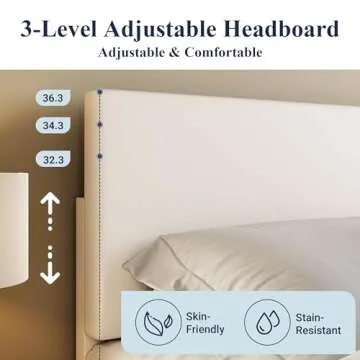 Allewie Queen Size Bed Frame with Adjustable Headboard, Faux Leather Platform Bed with Wood Slats, Heavy Duty Mattress Foundation, No Box Spring Needed, Noise-Free, Easy Assembly, White