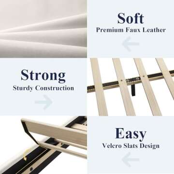 Allewie Queen Size Bed Frame with Adjustable Headboard, Faux Leather Platform Bed with Wood Slats, Heavy Duty Mattress Foundation, No Box Spring Needed, Noise-Free, Easy Assembly, White