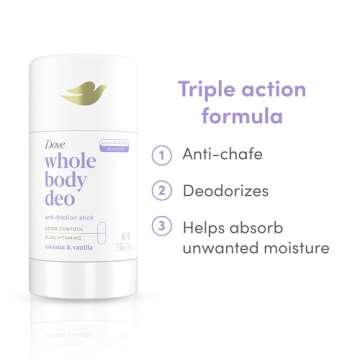 Dove Whole Body Deo Aluminum Free Anti-Friction Deodorant Stick Coconut + Vanilla for All Day Odor Control 2.6 oz