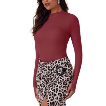 REORIA Women Trendy Dark Red Ruched Mock Turtle Neck Thumb Hole Long Sleeve Bodysuit Plus Size Lightweight Layering Sexy Slimming Holiday Christmas Body Suit Cute Tops Dark Red XX-Large