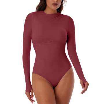 REORIA Women Trendy Dark Red Ruched Mock Turtle Neck Thumb Hole Long Sleeve Bodysuit Plus Size Lightweight Layering Sexy Slimming Holiday Christmas Body Suit Cute Tops Dark Red XX-Large