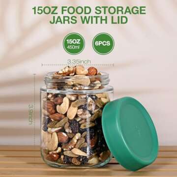 Hoa Kinh 17oz 6Pack Glass Food Storage Jars with Lids, Leak Proof Small Glass Jars for Overnight Oats, Cereal, Clear Empty Glass Jars with Lids for Kitchen(Red, Green and White)