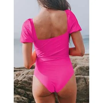 Aleumdr Women's High Waist Belted Tummy Control One Piece Swimsuit Puff Shoulder Square Neck Bathing Suit for Women and Teen Girls Rose Fushia Hot Pink Medium 8 10