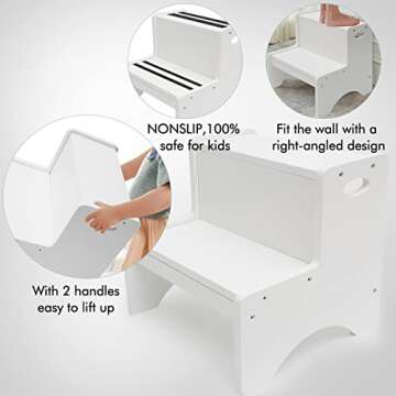HAJACK Step Stools for Kids, White Toddler Step Stool, Wooden Two Step Stool with Bonus Safety Non-S...