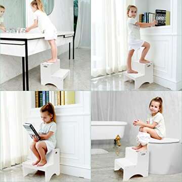 HAJACK Step Stools for Kids, White Toddler Step Stool, Wooden Two Step Stool with Bonus Safety Non-Slip Mats and Handle, Bathroom Potty Stool & Kitchen Step Stool & Bedroom Stool for Home Use