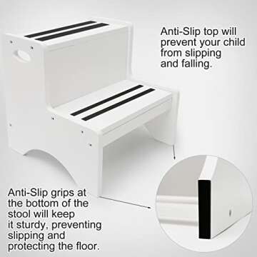 HAJACK Step Stools for Kids, White Toddler Step Stool, Wooden Two Step Stool with Bonus Safety Non-Slip Mats and Handle, Bathroom Potty Stool & Kitchen Step Stool & Bedroom Stool for Home Use