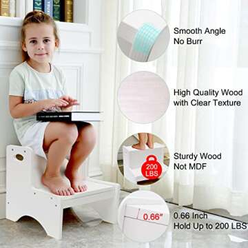 HAJACK Step Stools for Kids, White Toddler Step Stool, Wooden Two Step Stool with Bonus Safety Non-Slip Mats and Handle, Bathroom Potty Stool & Kitchen Step Stool & Bedroom Stool for Home Use