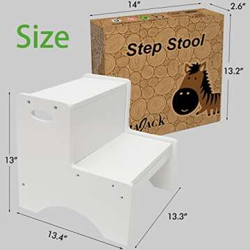 HAJACK Step Stools for Kids, White Toddler Step Stool, Wooden Two Step Stool with Bonus Safety Non-Slip Mats and Handle, Bathroom Potty Stool & Kitchen Step Stool & Bedroom Stool for Home Use