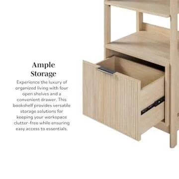 Walker Edison Transitional Reeded Narrow Open Bookshelf with Drawer Home Office Living Room, Bedroom, 4-Shelf Bookcase with Bottom Storage, 22 Inch, Coastal Oak