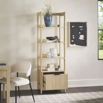 Walker Edison Transitional Reeded Narrow Open Bookshelf with Drawer Home Office Living Room, Bedroom, 4-Shelf Bookcase with Bottom Storage, 22 Inch, Coastal Oak