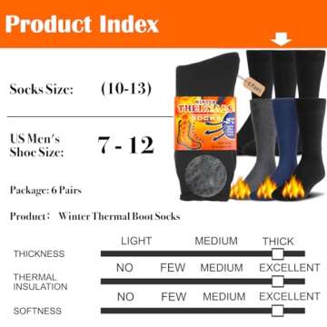 NevEND 6 Pairs Men's Winter Thermal Boots Thick Insulated Heated Wool Socks For Cold Weather Outdoor Activities Black Mixed Color