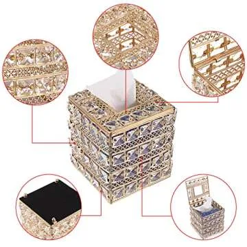Sumnacon Crystal Square Tissue Box Cover - Sparkling Cube Glass Tissue Box Holder, Decorative Facial Tissue Holder for Bedroom Bathroom Dresser Night Stand Table Office Home Decor, Gold