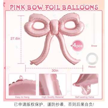 YTHETM 4 Pcs Pink Bow Balloons Bow Party Decorations for Girl Women Pink Bow Birthday Decorations Gi...