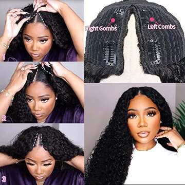 ISEE 20 Inch Water Wave V Part Wig, Human Hair, No Leave Out, Brazilian Glueless Curly Wave, Upgrade U Part Wigs for Black Women, 180% Density, Natural Color