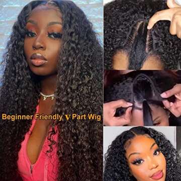 ISEE 20 Inch Water Wave V Part Wig, Human Hair, No Leave Out, Brazilian Glueless Curly Wave, Upgrade U Part Wigs for Black Women, 180% Density, Natural Color