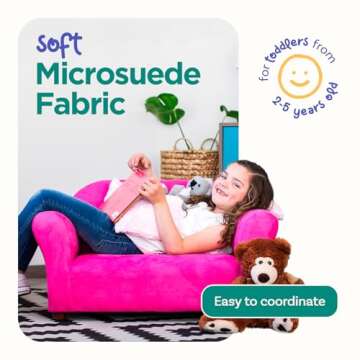 Keet Plush Childrens Sofa with Accent Pillows, Sofa for Kids Room, Kids Sofa, Toddler Sofa with Three Fluffy Pillows, Comfortable Sofa for Kids, Children Sofa, Kid Sofa, Hot Pink