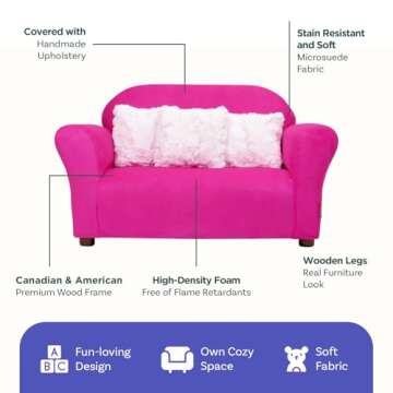 Keet Plush Childrens Sofa with Accent Pillows, Sofa for Kids Room, Kids Sofa, Toddler Sofa with Three Fluffy Pillows, Comfortable Sofa for Kids, Children Sofa, Kid Sofa, Hot Pink