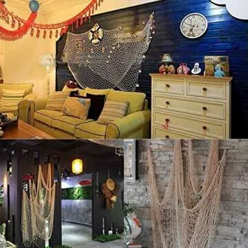 ZUEXT Photo Hanging Display Frames w/ 40 Clips & Sea Shells, 79x40 Inch Nautical Themed Mediterranean Fishing Net Photo Wall Decor, Picture Cards Artworks Organizer for Dorm, Home, Party Decorations