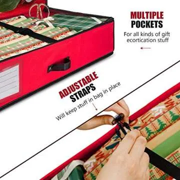 Juegoal Christmas Storage Organizer Red, 40.5 Inch Gift Wrapping Paper Storages, Interior Pockets, 2024 Upgrade Storage Box with Cardboard Inside, Holiday Accessories, Tear Proof Fabric