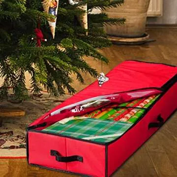 Juegoal Christmas Storage Organizer Red, 40.5 Inch Gift Wrapping Paper Storages, Interior Pockets, 2024 Upgrade Storage Box with Cardboard Inside, Holiday Accessories, Tear Proof Fabric
