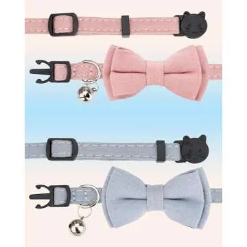 Gyapet Cat Collar Breakaway Bowtie Safety with Bell Adjustbale Kitten Puppy Solid Plaid Color Set A-[2pcs] Pink & Blue