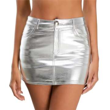 Kisidoo Metallic Shiny Skirts Y2K Low Waist Sparkly Rave Bodycon Mini Cargo Skirts with Pocket