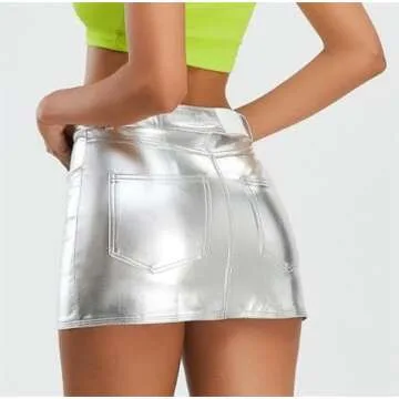 Kisidoo Metallic Shiny Skirts Y2K Low Waist Sparkly Rave Bodycon Mini Cargo Skirts with Pocket