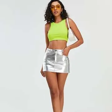 Kisidoo Metallic Shiny Skirts Y2K Low Waist Sparkly Rave Bodycon Mini Cargo Skirts with Pocket