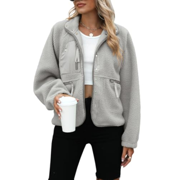Yanekop Women’s Fleece Jacket - Cozy Sherpa Outerwear with Pockets in Light Grey