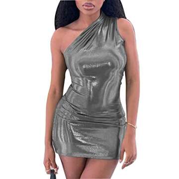 LuFeng Women's Sexy Sleeveless Pu Leather One Shoulder Slim Fit Package Hip Club Mini Dress Silver