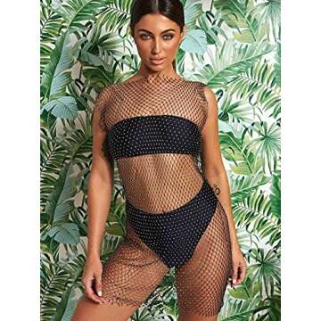 Formery Sexy Mesh Swimsuit Cover Ups Black Sheer Rhinestone Sleeveless Coverups Fishnet Hollow Out D...