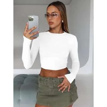 Trendy Queen Womens Long Sleeve Crop Tops Basic Slim Fitted Shirts Casual Fashion 2025 Going Out Y2k Tops Teen Girl Clothes White S