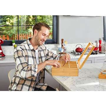 RoyalHouse Big Natural Bamboo Tea Storage Organizer with Clear Acrylic Top Window, 12 Compartments Eco-Friendly Tea Bag Holder, Multi-Functional Storage Box