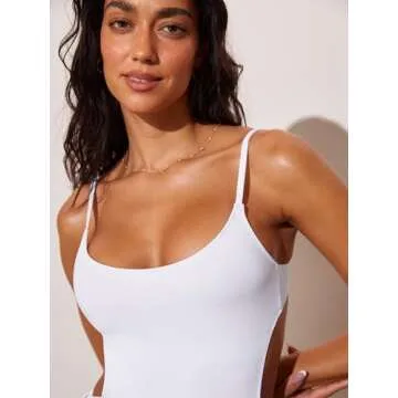 DOBREVA Women's One Piece Swimsuit Strappy Backless Bathing Suit Cut Out Lined Scoop Neck Adjustable Straps Swimwear White Small