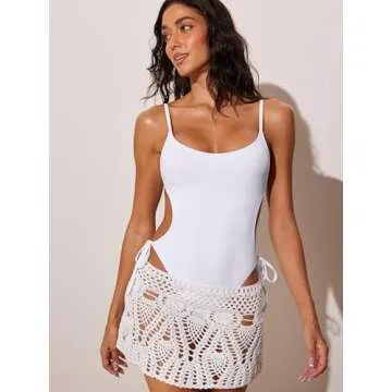 DOBREVA Women's One Piece Swimsuit Strappy Backless Bathing Suit Cut Out Lined Scoop Neck Adjustable Straps Swimwear White Small