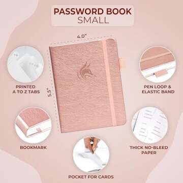 Clever Fox Password Book with Alphabetical Tabs - Internet Address Organizer Logbook in Rose Gold