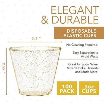 EASERCY Glitter Plastic Cups Gold Glitter Disposable Cups 9 Oz 100 Pack Clear Plastic Cups Old Fashi...