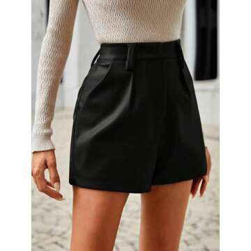Milumia Women's PU Leather High Waisted Pleated Wide Leg Dressy Shorts with Pocket Solid Black Medium