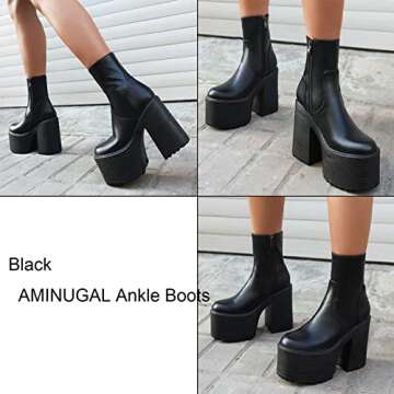 AMINUGAL Womens Platform Chunky Heel Ankle Boots Zipper Round Toe Block High Heels Punk Motorcycle Work Combat Boots Mid Calf For Women