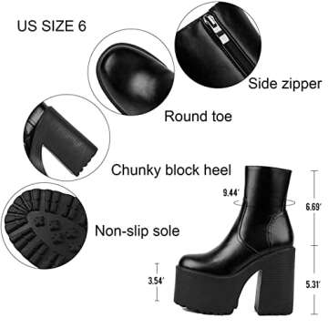 AMINUGAL Womens Platform Chunky Heel Ankle Boots Zipper Round Toe Block High Heels Punk Motorcycle Work Combat Boots Mid Calf For Women
